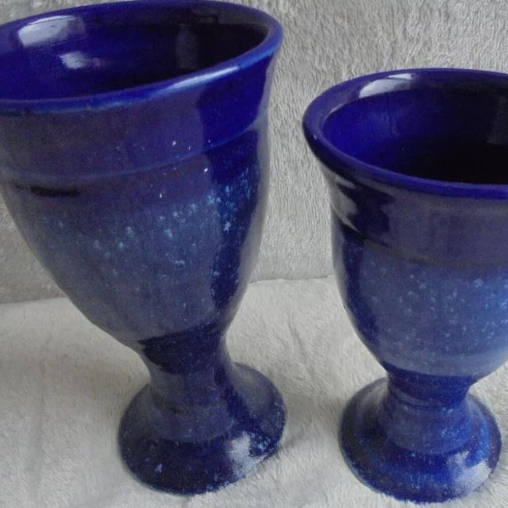 2X Hand Studio Art Pottery Cobalt Blue Speckled Glaze Goblet Chalice Vessel